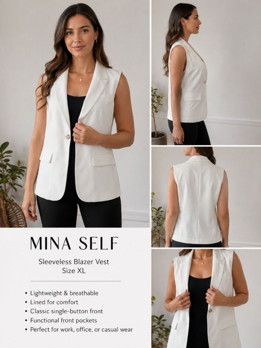 Mina Self Women's Sleeveless Lightweight Breathable Lined Trendy Casual Work XL